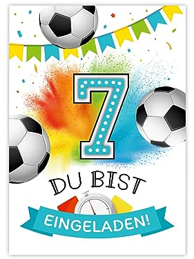 Minkocards 12 Einladungskarten zum 7. Kindergeburtstag Junge Fußball Fussball Einladungen zum siebten Geburtstag Kinder bunte Geburtstagseinladungen