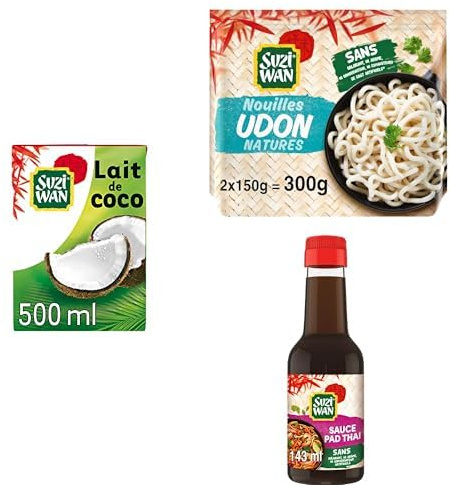 Suzi Wan Lait de Coco 500ml, Nouilles Udon WOK 2x150g, Sauce Pad Thai 143ml | Kit cuisine Pad Thaï maison: lait de coco 500ml, nouilles Udon précuites et sauce Pad Thaï 143ml.