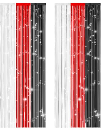 2 Pcs Tinsel Party Streamers, Red Black and White Foil Fringe Curtains Foil Fringe Curtain Backdrop Fringe Curtains Party Decorations for Kids Birthday Cartoon Monster Party Decorations