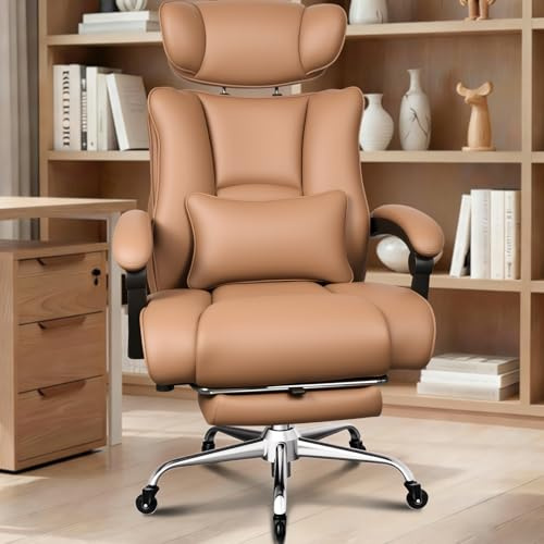 BASETBL Gaming Chair Big Tall Heavy Duty 440lbs 200kg Office Chair, Wide PU Leather Ergonomic Computer Chair with Synchronized Armrests Adjustable Headrest Footrest Lumbar Support Rubber Caster, Brown