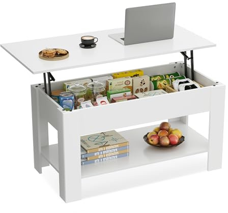 WLIVE Höhenverstellbarer Couchtisch mit Ablage, Wohnzimmertisch Rechteckig mit Offener und versteckter Stauraum, Kaffeetisch für Wohnzimmer, Schlafzimmer (Industriell, Weiß)