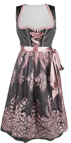 Jefencop Dirndl Damen inkl. Spitzenschürze midi Krüger Dirndl Trachtenkleid Damen für Oktoberfest, 2 Teilig (34-50) (Dunkelgrau, 42)