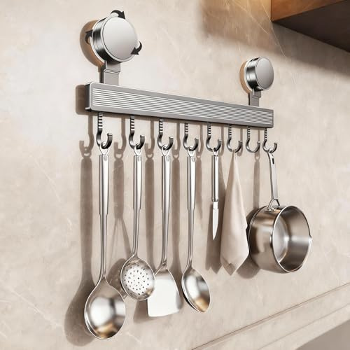 ZYEKIU Colgador Utensilios Cocina Ventosa Organizador Cocina Bohren mit Saugnapf, Utensilios de Kitchen Desmontables, Aluminio Colgador Trapos 40 cm Barra para Colgar Utensilioss con 8 Ganchos