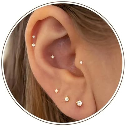 LunarCharm 12 Stück Winzige CZ-Ohrstecker, Ohrringe mit flacher Rückseite, Gewindelose Knorpel-Tragus-Piercing, Conch-Ohrstecker, Nasen-Helix-Ohrstecker