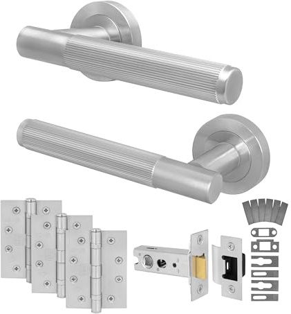 EAI Satin Nickel Door Handles Fire Rated with Latch, 1 Pack - Oruro | Complete Fire Rated Latch Kit: 1 Pair of Door Handles, 76mm Latch, 102mm Hinges, Intumescents, Fixings Included