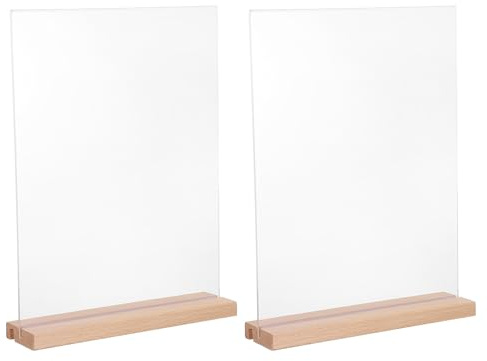 DEARMAMY Lot de 2 Sets de Présentoirs de Menu Autoportants en Acrylique Transparent Double Face, Formes L et T, Socle en Bois de Hêtre 21,6 X 27,9 Cm, Support de Cadre Photo