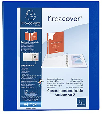 Exacompta - réf. 51843BE - 1 Anpassningsbar styv ogenomskinlig pärm med 3 fickor - 4 x 40 mm D-ringar - 64 mm rygg - Yttermått: 32 x 28,5 cm - Arkivformat A4 Maxi - Färg: blå