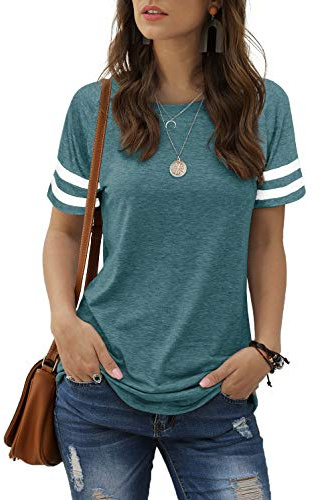 Aokosor T Shirts for Women Striped Sleeve Summer Tops Ladies Side Split Casual Tee