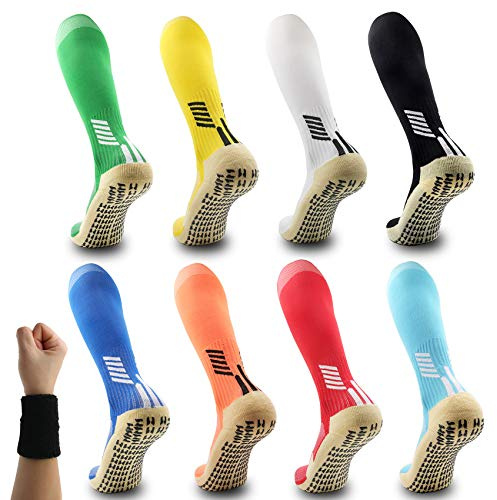 Tinymori Athletic Sock Non-slip Sport Sock for Men Women Non-Skid Long Compression Knee Length Colorful Socks with Grips for Soccer, Football, Basketball, Running (White)