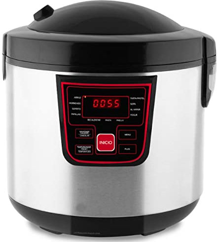 Máquina de cocinar programable. Capacidad de 5 litros. Acabado cuerpo de acero inoxidable. 11 programas. Temporizador 24h. Potencia 860W.