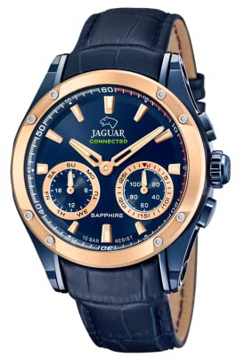 JAGUAR Uhr Smart Herren Hybrid aus Leder Blau | Connected, Wasserdicht 10 ATM, J960/1, Musiksteuerung, Schrittzähler, Anruf-Info & -Ablehnung, Blaues Zifferblatt