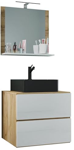 VCM 3-TLG. Waschplatz Waschtisch | schwarzes Waschbecken Unterschrank Breite 60 cm | Badmöbel Set mit Schubladen Spiegel | Lendas S BL