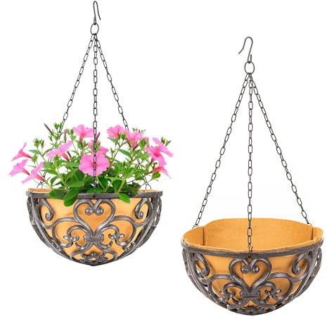 Sungmor Große Hängekörbe aus Gusseisen mit Stoffeinsatz, 27,9 cm Durchmesser, rustikal, braun, strapazierfähig, für den Außenbereich, Garten, Hof, Terrasse, Veranda, dekorativer Metall-Blumenkorb, 2 | Robuster Metall-Blumentopf für den Außenbereich, Hof, Terrasse, Veranda, Garten, hängende Dekoration