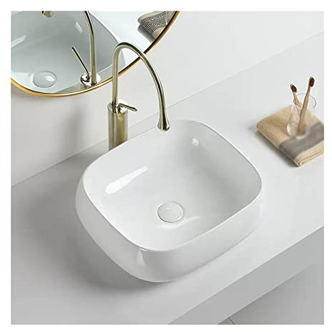 Waschschalen Waschbecken 17,7 x 15,7 Badezimmer-Waschbecken und gebürsteter Gold-Wasserhahn-Kombination, rechteckiges weißes Badezimmer-Keramikwaschbecken mit Pop-Up-Ablauf Aufsatzwaschbecken