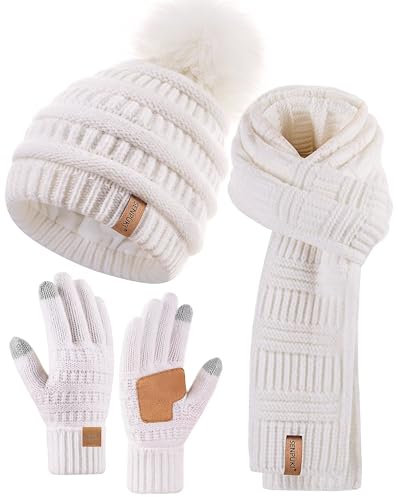 SENPUKI Mütze, Schal & Handschuh-Sets für Damen, Beanie Mütze Damen Winter mit Bommel Fleece Gefütterte, Touchscreen Handschuhe Schal Wärmer Mütze Damen 3-in-1 Geschenk Set für Kaltes Wetter(Weiß)