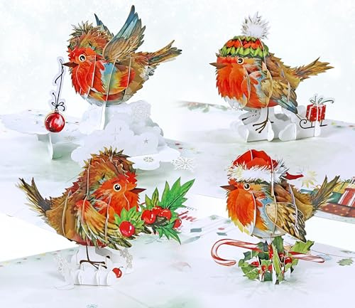 CUTPOPUP Robin, Carte de Noël pop-up, 3D Noël, Nouvel An, Carte de vœux de vacances (Robin, Lot de 4) SET2FR1218