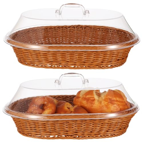 2 PCS Imitation Rattan Bread Baskets, Large Capacity Wicker Bread Basket with Acrylic Lid, Woven Bread Basket Fruit Tray with Clear Cover, Rattan Food Serving Tray for Home Picnics Bakery Storage