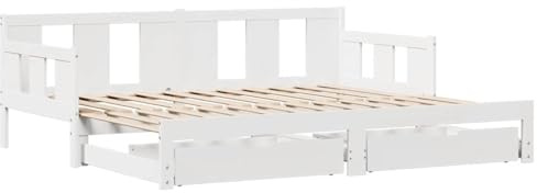 vidaXL Tagesbett, Bettsofa Ausziehbar mit Schubladen, Gästebett ohne Matratze mit Lattenrost, Ausziehbett Schlafsofa, Weiß 80x200cm Massivholz Kiefer