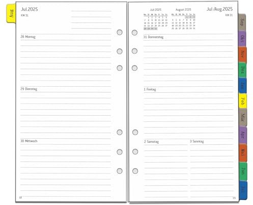 2025 2026 Wochenplaner Einlage Personal A6, 6 Löcher, Deutsch, 1 Woche 2 Seiten mit Tabs, Extra Notizen Kontakt, Aug.25 bis Jul.26, 95x171mm, Kalendereinlagen für Kalender 2025 2026 Planer