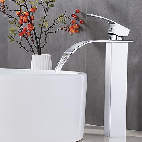 XWIHTR Rubinetto a cascata per bagno, rubinetto per lavabo, rubinetto per lavabo a una maniglia; bocca calda e fredda, silenzioso, rubinetto per bagno in ottone in acciaio inossidabile(cromo-h)