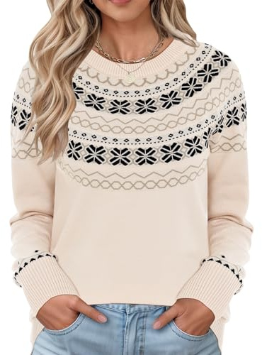 LOMON Women's Vintage Crewneck Long Sleeve Family Christmas Snowflake Holiday Pullover Sweater Apricot Pattern S