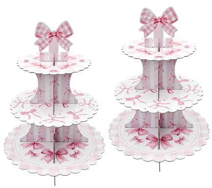 2 Pack Cake Stand Pink Bow 3-Tier Cupcake Stand Elegant 3-Tier Cardboard Dessert Holder for Coquette Birthday Decorations, Party, Anniversary, Baby Showers