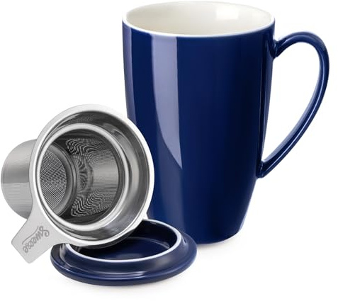 Sweese 15oz Ceramic Tea Cup with Infuser and Lid, Microwave and Dishwasher Safe, Extra-Fine Loose Leaf Tea Steeper, Comfortable Handle, Tea Set in Gift Box, Dark Blue
