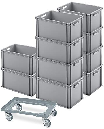 BRB 10er SPAR-Set Euro-Behälter PLUS Transportroller, 600x400x320 mm Industriequalität lebensmittelecht (grau/grau)