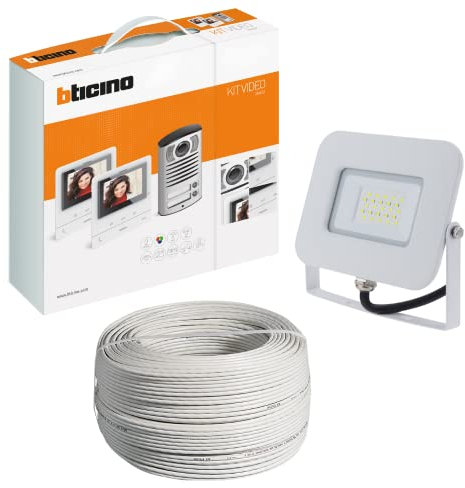 Generico Kit Videocitofono Vivavoce Bifamiliare IP54 Cavo Citofonico 2 Fili 25 Metri Faro Led 20 Watt Bianco Illuminare Ingresso