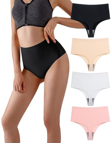 Wowdecor High Waisted Thongs for Women, Tummy Control Underwear Cotton Seamless No Show Plus Size Panties