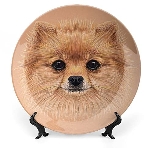 XISUNYA 6 Inch Decorative Plate, Animal Ceramic Plate, Pomerian Dog with Vintage Retro Poster Print Ornament Display Plate Decor Accessory for Dining, Parties, Wedding
