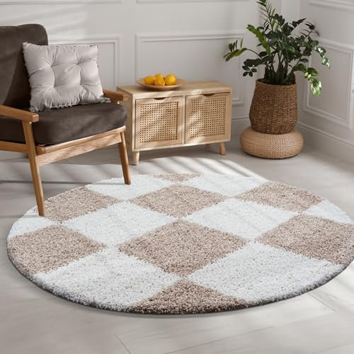 SANAT Milano Shaggy Teppich - Hochflor Teppiche für Wohnzimmer, Schlafzimmer, Küche - Beige Weiss, Größe: 150 cm Rund