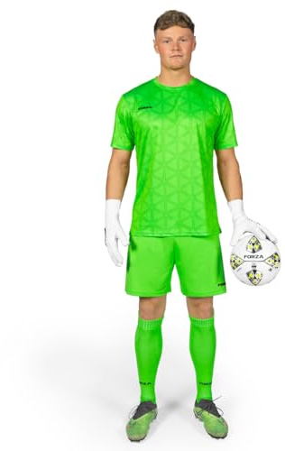 FORZA Målvaktskit för män [XS-XXL] | Komplett fotbollsset med kortärmad fotbollströja, shorts och knähöga strumpor, Fluro grön, M