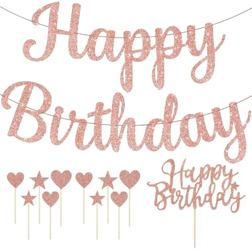 SLAXJNE Bandierina per Festa di Compleanno e Set di 11 Inserti per Torta, Striscione di Buon Compleanno, Decorazione in Oro Rosa