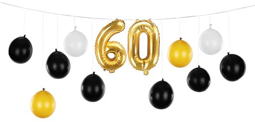 PartyDeco Ballongirlande '60' 260x32cm - Luftballons für Helium oder Luft - Latexballons für Geburtstag Jubiläum Hochzeitstag - Ballonset für Ballon Girlande - Schwarz Gold Weiß