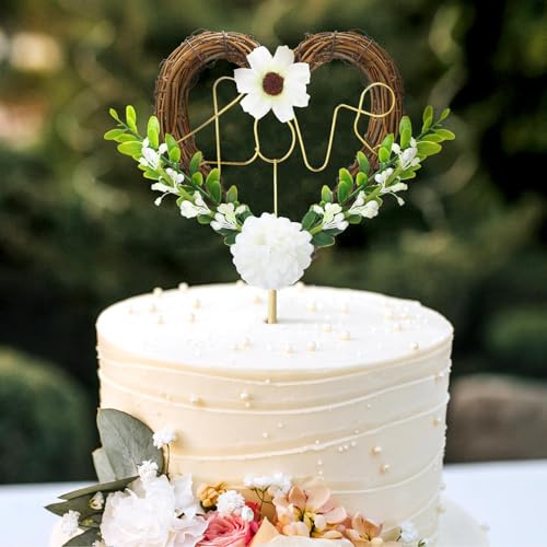 Chunful Wedding Cake Topper Love Cake Topper Rustic Heart Shaped Floral Vine Decoration Sign for Village Garden Weddings Bridal Shower Engagement Anniversary Party Decoration(Eucalyptus)