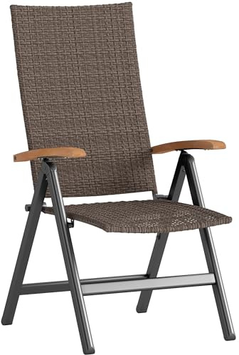 Outsunny Folding Garden Chair, 5-level Reclining PE Rattan Garden Dining Chair with Wood Armrests, High Back and Steel Frame for Outdoor, Patio, Terrace, Porch, Brown