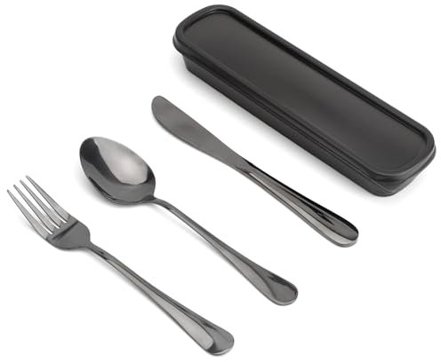 APOMOONS 3 Piezas Cubiertos Camping con Estuche, Juego de Cubiertos de Acero Inoxidable, Set Cubiertos para Llevar para Viajes Trabajo Escuela Exteriores, Negro