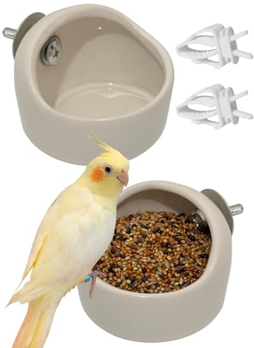 Niwaes 2 Pcs Ceramic Bird Food Bowl Hanging Parrot Food Bowl Pet Bird Bowls Birds Cage Holder for Budgie Finches Lovebirds Parakeet Cockatiels (White)