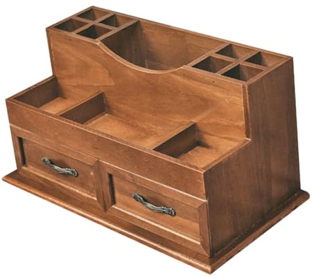 Warmhm Organizzatore e Design Durevole in Legno Massello Stile Vintage Cassetti a 2 Scomparti, Grande Capacità per Gioielli e Piccoli Oggetti da Scrivania