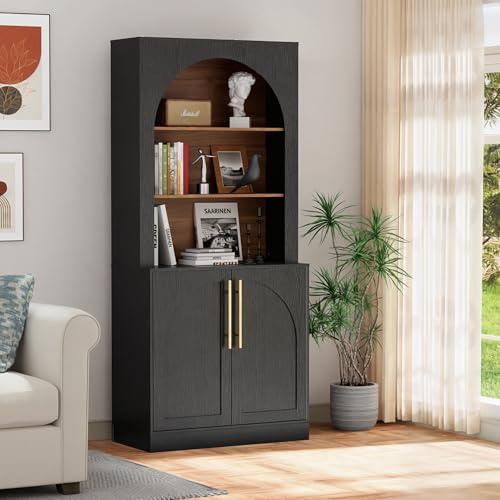 UEV Modern Kitchen and Dining Sideboard Set, Arched 2-Door Cabinet with Top Arch, Freestanding Cupboard for Pantry, Crockery & Decorative Display, Black