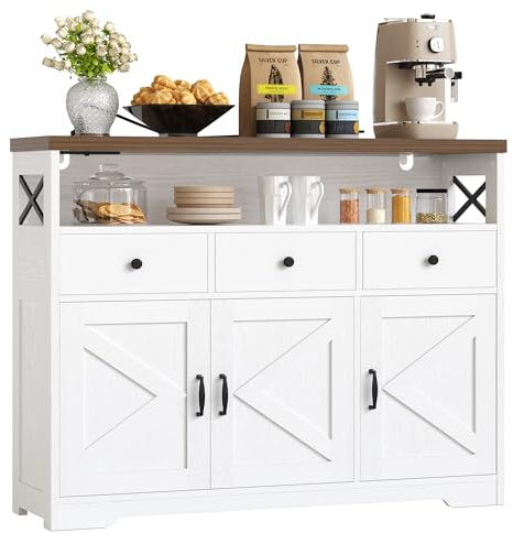 IRONCK Sideboard, Kitchen Cabinet with Power Outlets 2AC+1USB+1C, Storage Cupboard 3 Drawers 3 Doors, Buffet Table for Living Room,Kitchen,Hallway, Dining Room, Adjustable Shelves, 107x35x95cm (White)