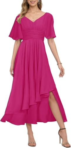 Vestido de novia para mujer, con mangas, plisado, cuello en V, gasa, para invitada de boda, fucsia, 40