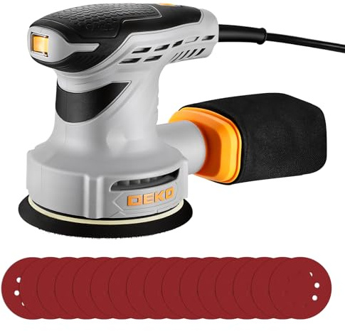 Orbital Sander Electric Sanders: DEKOPRO Random Orbit Sander 300W with 16Pcs Sandpapers, 6 Variable Speed 13000RPM, 125MM Hand Electric Tool, Dust Removal Function, Fit for Woodworking/Sanding