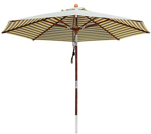 anndora® Sonnenschirm Holz 3 m rund Gartenschirm Marktschirm 300 cm - knickbar per Drehkippmechanismus - mit Winddach - Olefinstoff gestreift Grün Weiß Gelb