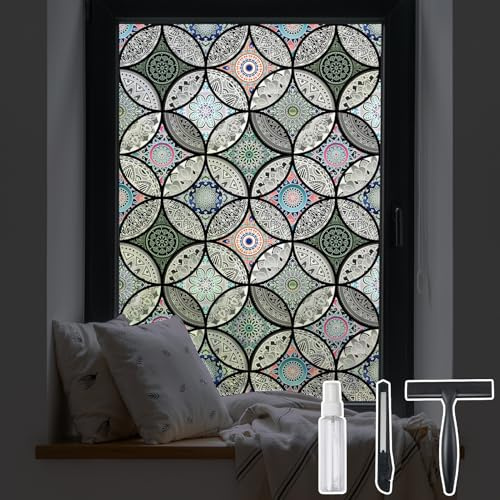 DKTIE Static Cling Decorative Window Film with Installation Tools Non Adhesive Privacy Film, Stained Glass Window Film for Bathroom Shower Door Heat Cotrol Anti UV 17.7 x 78.7 Inch