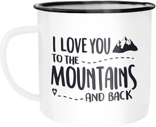 Moonworks® Emaille Tasse Becher I love you to the mountains and back Geschenk Valentinstag Liebe Spruch Wandern Kaffeetasse weiß-schwarz unisize