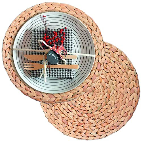 WENFOME 2 Pack Woven Placemats, 13.5 inches Natural Wicker Water Hyacinth Straw Braided Tablemats for Dining Table
