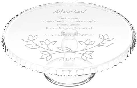 Maverton Vassoio Sottotorta in Vetro, Personalizzazione a Laser | Porta Dolce Tondo Rialzato su un Piede, Alzatina Dolci da ca. 30cm, regalo donna compleanno, Ramoscello