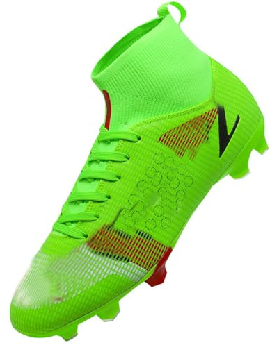 Kmrlofiy Fotbollsskor för män, fotbollsskor med high-top-dubbar, professionella, utomhus, friidrott, barn, pojke, fotbollsskor, tävling, skosnören, träningsskor, sportskor, Grön, 44 EU